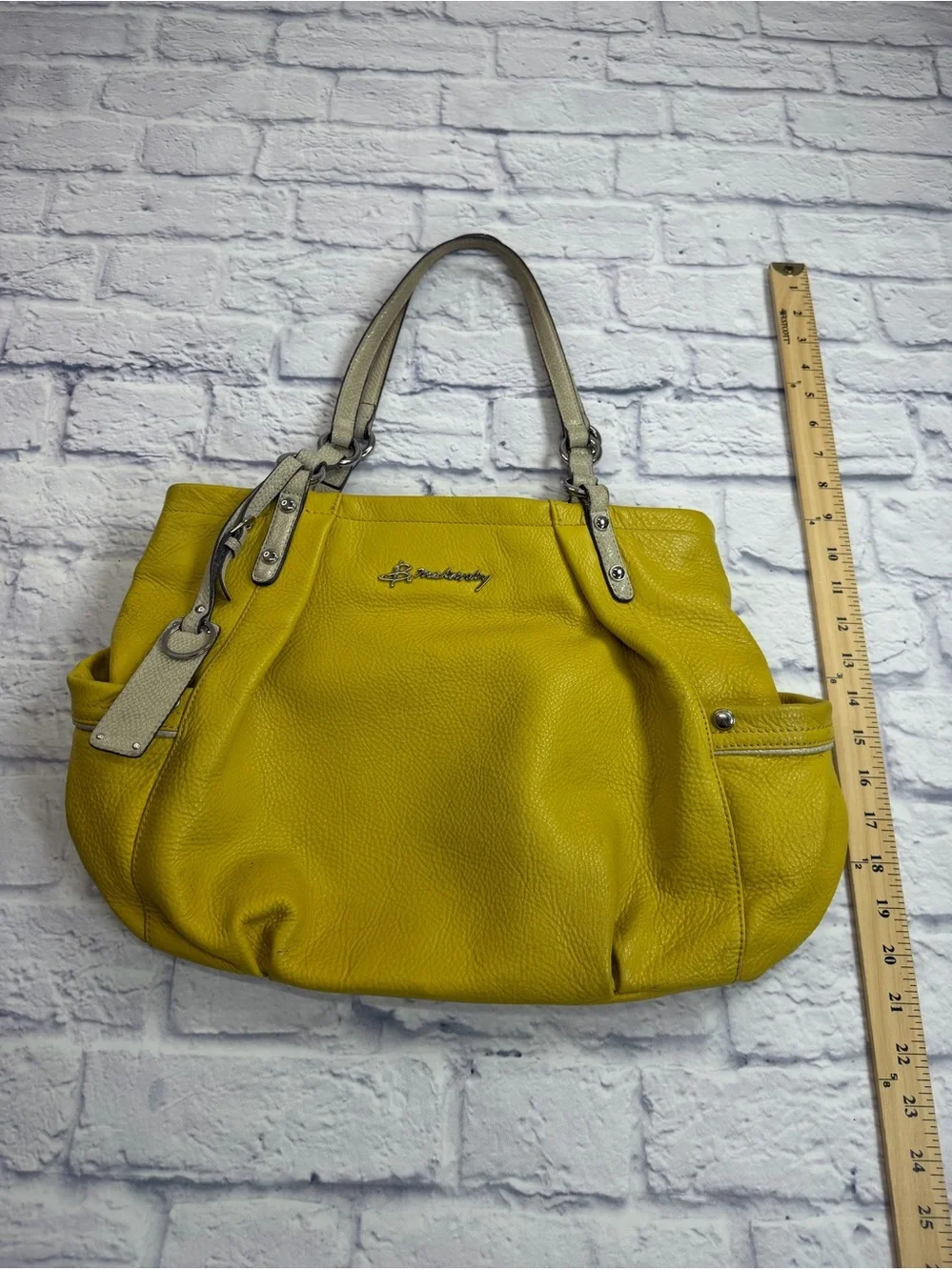 b. makowsky Yellow Pebbled Leather Tote with Neutral Trim